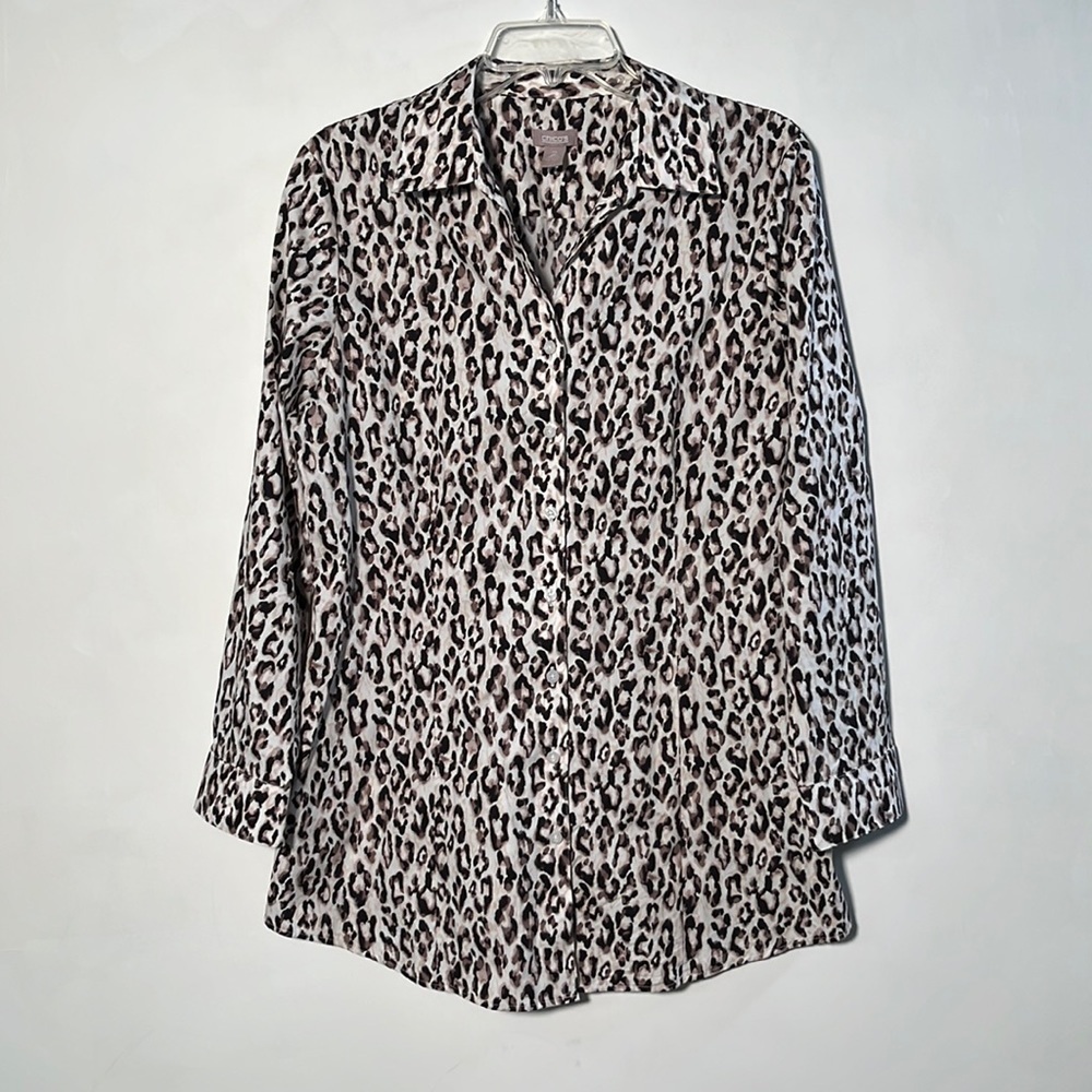 CHICO'S Leopard Print Long SLV Fit & Flare 100% Cotton Tunic Career Blouse SZ L